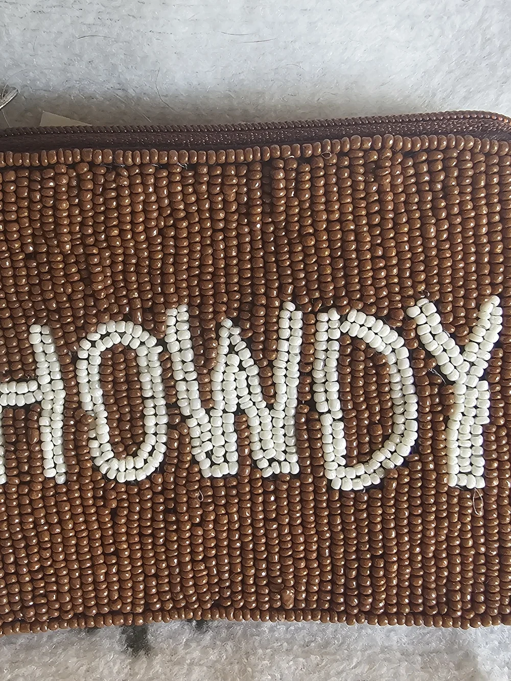 BEADED 'HOWDY' Pouch in Brown and White